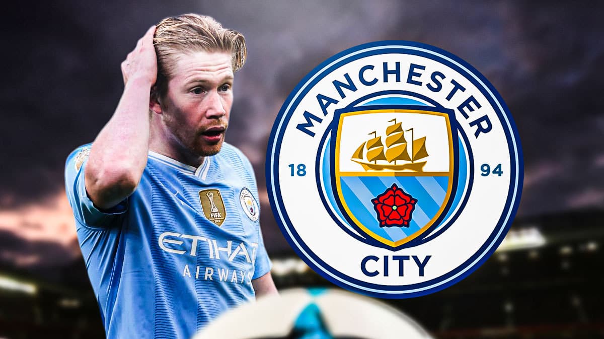 Multiple images of Kevin de Bruyne injured/sad/looking down in front of the Manchester City logo