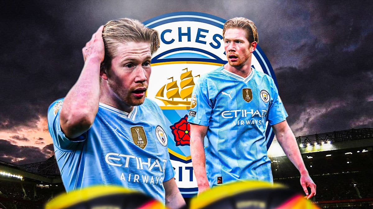 Multiple images of Kevin de Bruyne looking tired/down in front of the Manchester City logo