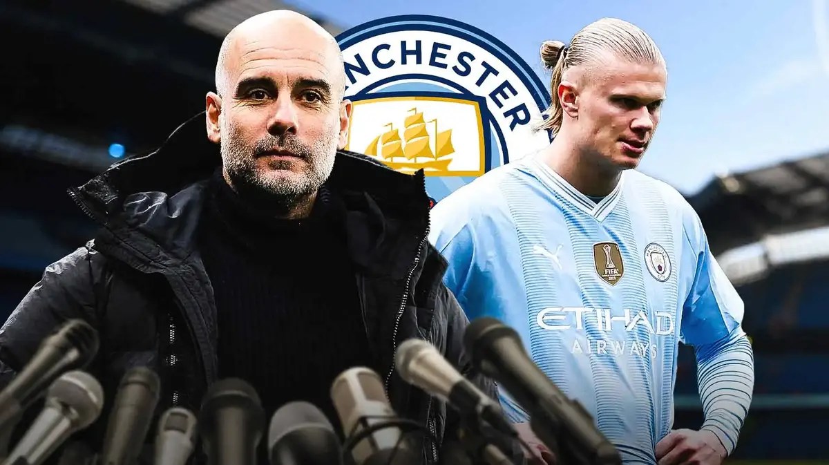Pep Guardiola speaking to the press, Erling Haaland next to him, the Manchester City logo in the back