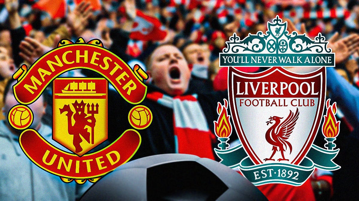 Fans shouting in front of the Manchester United and Liverpool logos
