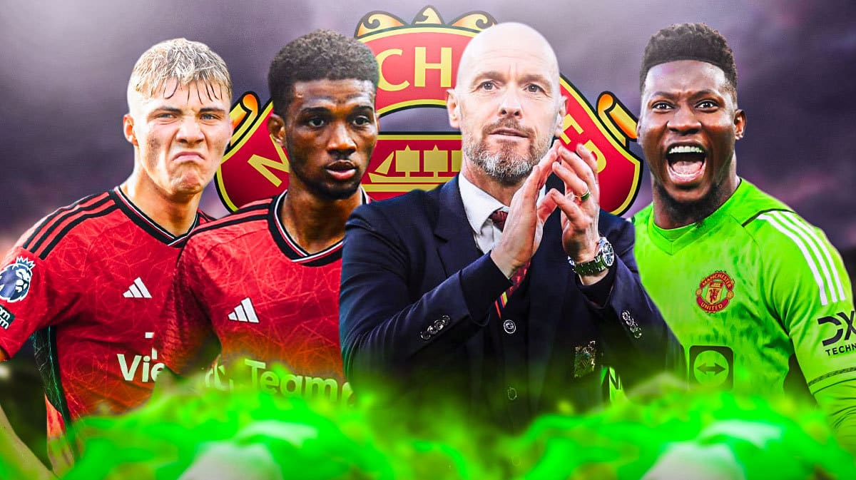 Erik ten Hag, Andre Onana, Rasmus Hojlund, Amad Diallo in front of the manchester United logo