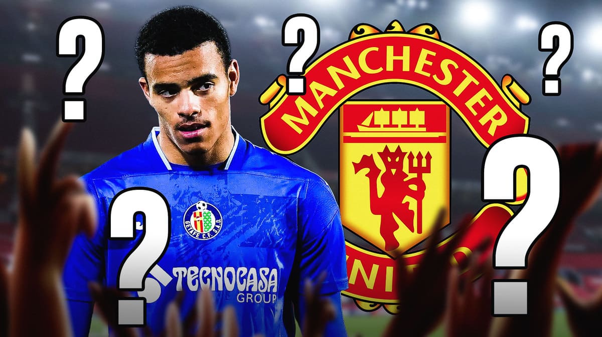 Mason Greenwood in front of the Manchester United logo, questionmarks in the air