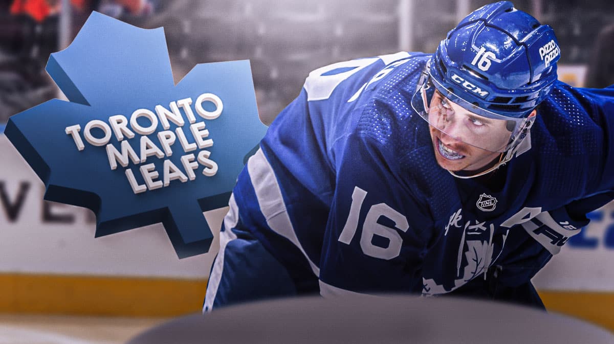 Mitch Marner in image looking stern, first aid kit, TOR Maple Leafs logo, hockey rink in background