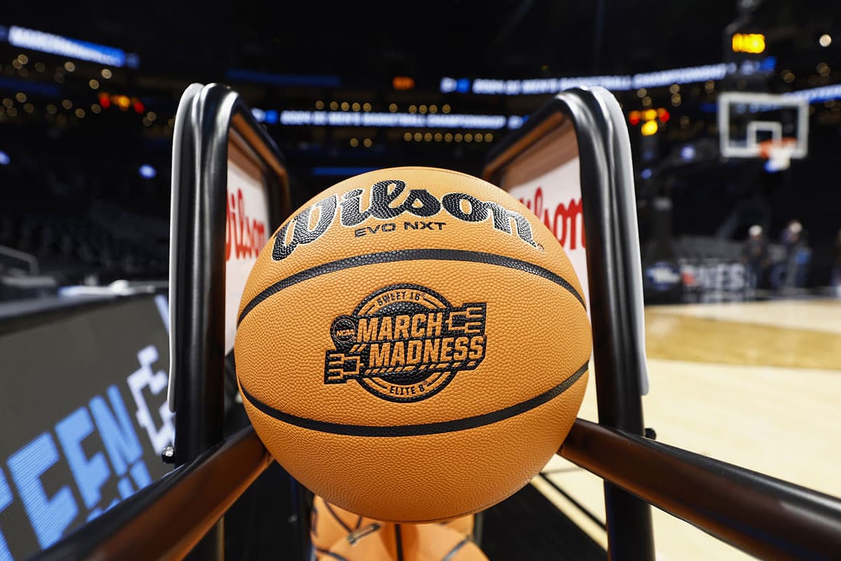 A Wilson NCAA Sweet 16 March Madness ball is seen before San Diego State practices for their East semifinal game against Connecticut at TD Garden.