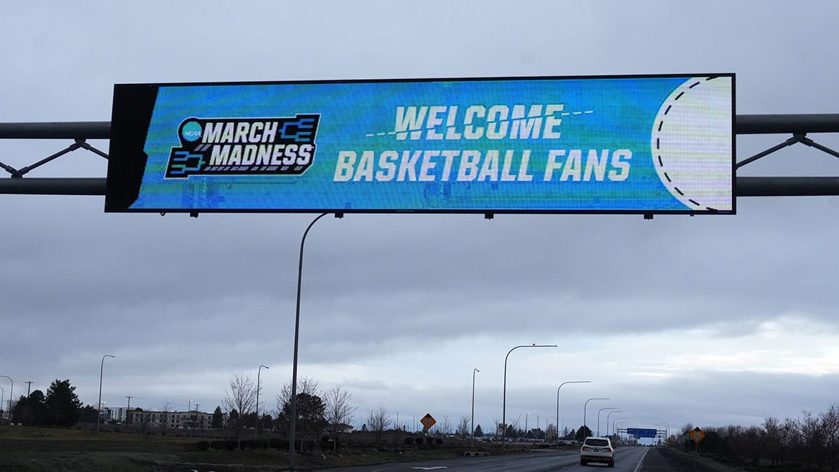  A Welcome Basketball Fans sign promoting the NCAA March Madness Tournament at the Spokane International Airport