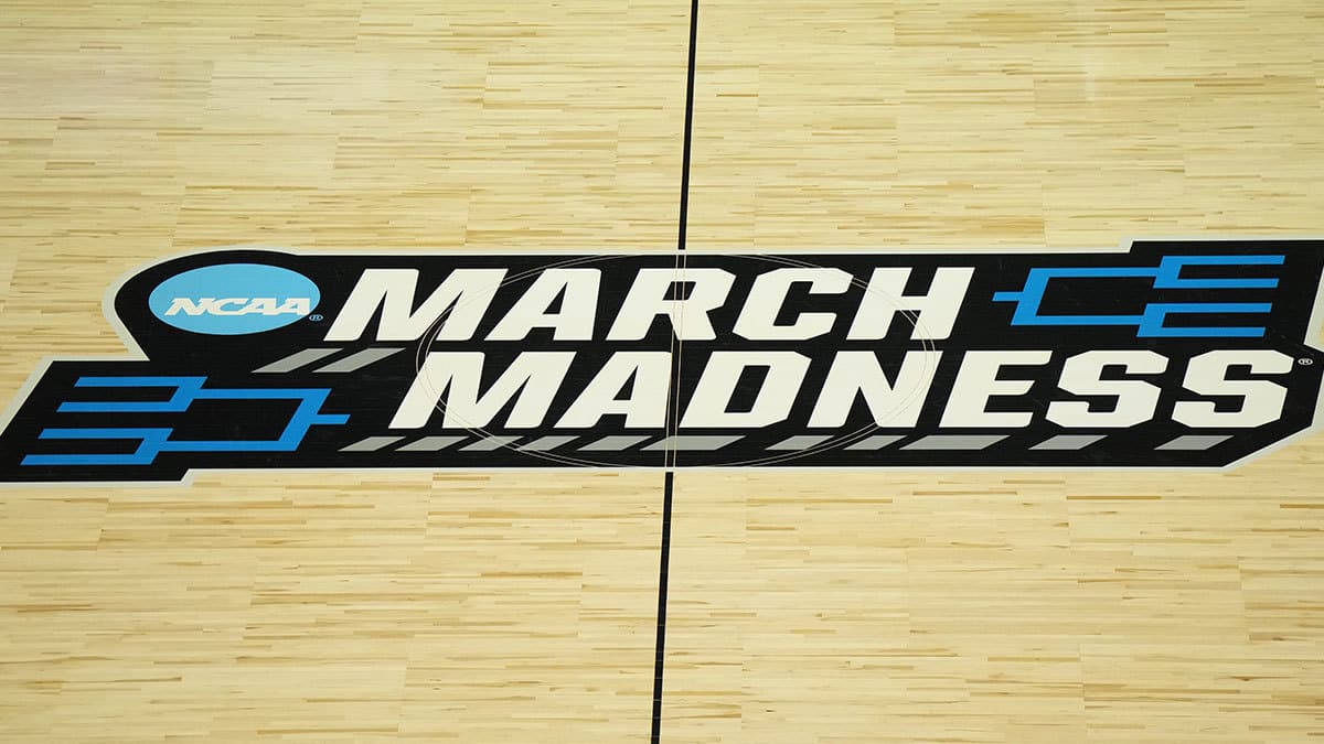 General view of March Madness logo in the first half between the Grand Canyon Antelopes and the Alabama Crimson Tide at Spokane Veterans Memorial Arena