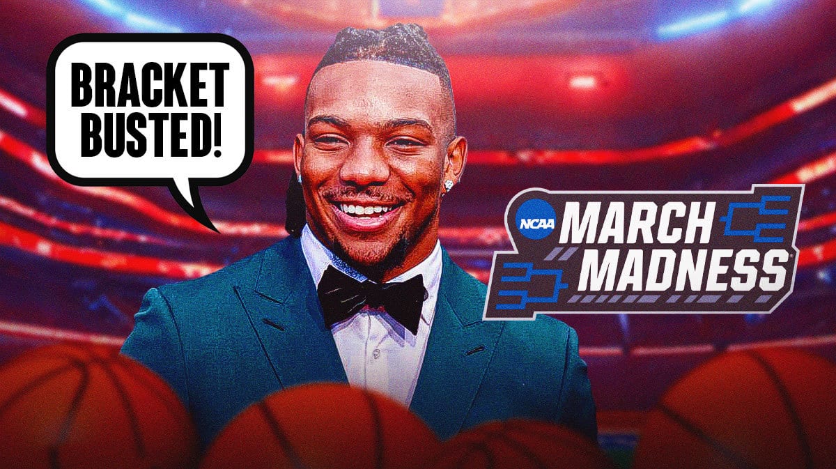 Bijan Robinson next to the March Madness logo