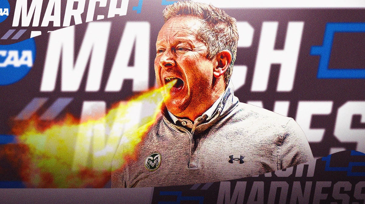 Niko Medved with fire coming out his mouth. NCAA Tournament logo in the background