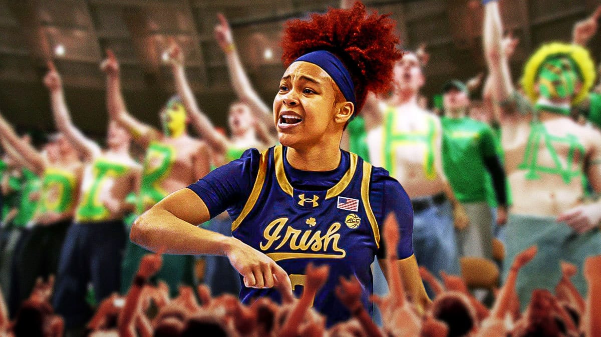 Notre Dame player Hannah Hidalgo looking angry and have Notre Dame fans in background upset