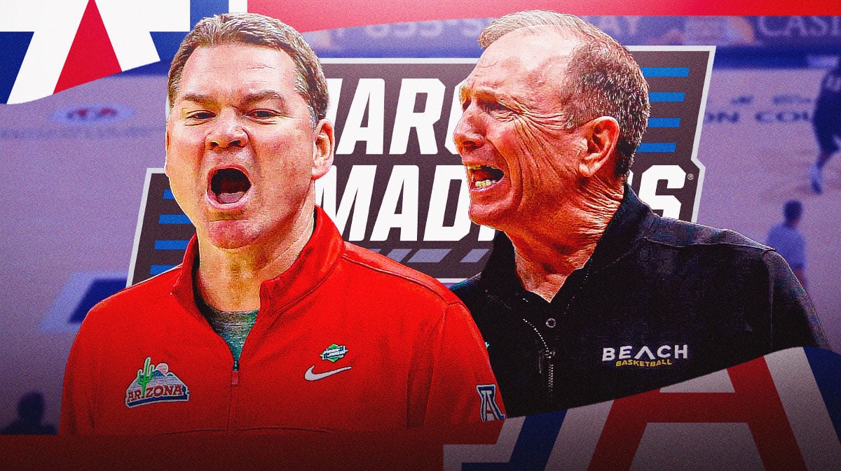 Arizona coach Tommy Lloyd alongside Long Beach State coach Dan Monson with the March Madness logo in the background