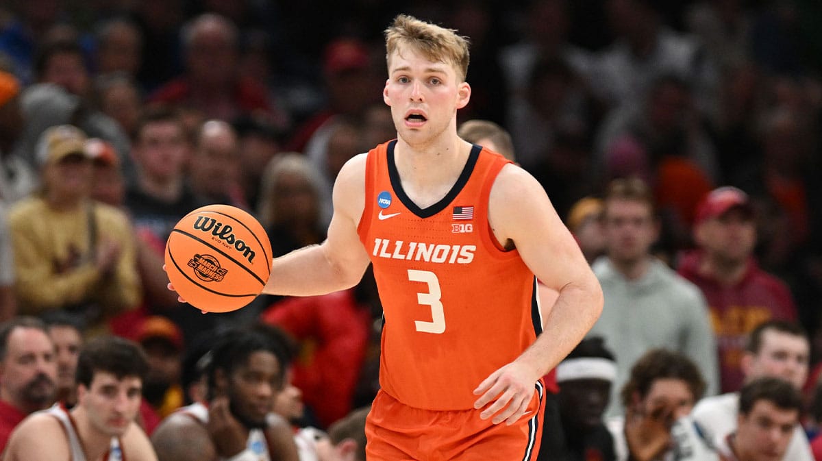 Illinois Fighting Illini forward Marcus Domask (3) dribbles the ball against the Iowa State Cyclones in the semifinals of the East Regional of the 2024 NCAA Tournament at TD Garden.