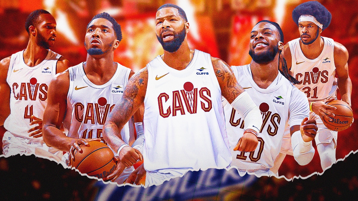Cavs forward Marcus Morris with Donovan Mitchell, Darius Garland, Evan Mobley and Jarrett Allen