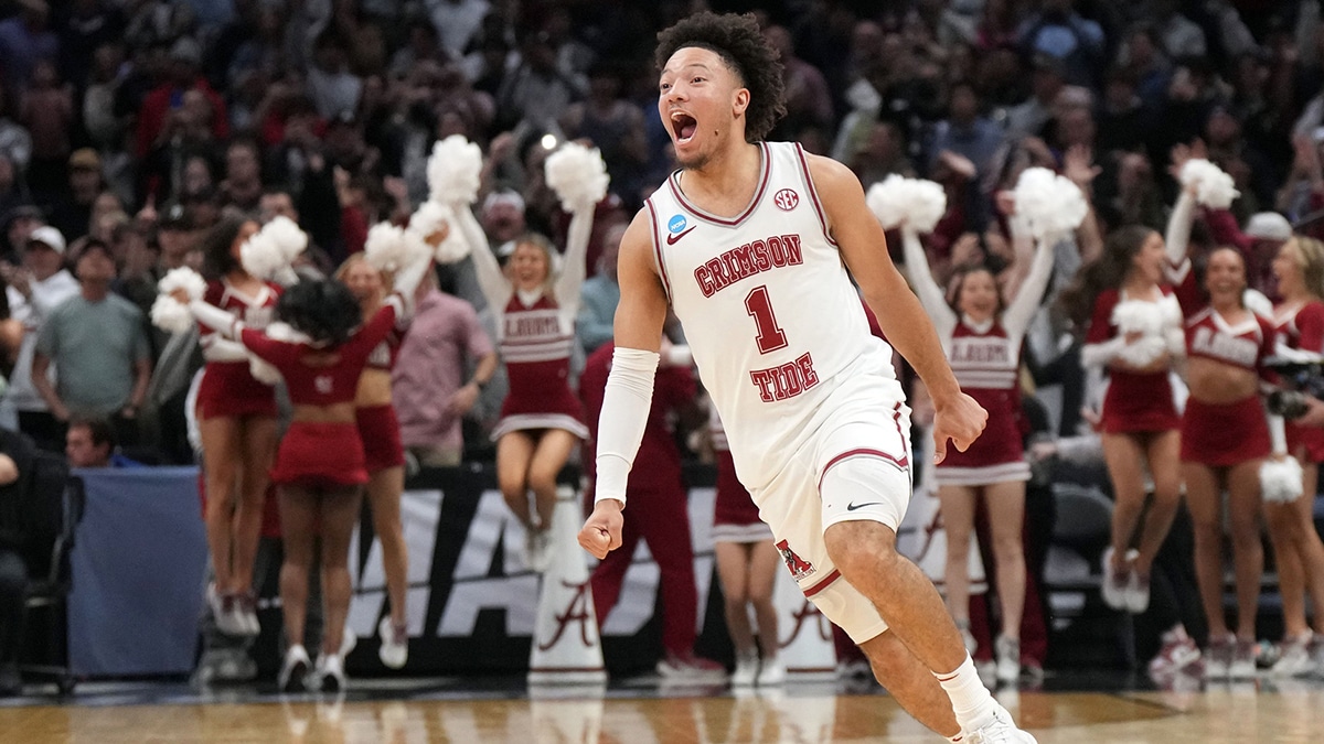 Mar 30, 2024; Los Angeles, CA, USA; Alabama Crimson Tide guard Mark Sears (1) celebrates after defeating the Clemson Tigers in the finals of the West Regional of the 2024 NCAA Tournament at Crypto.com Arena.