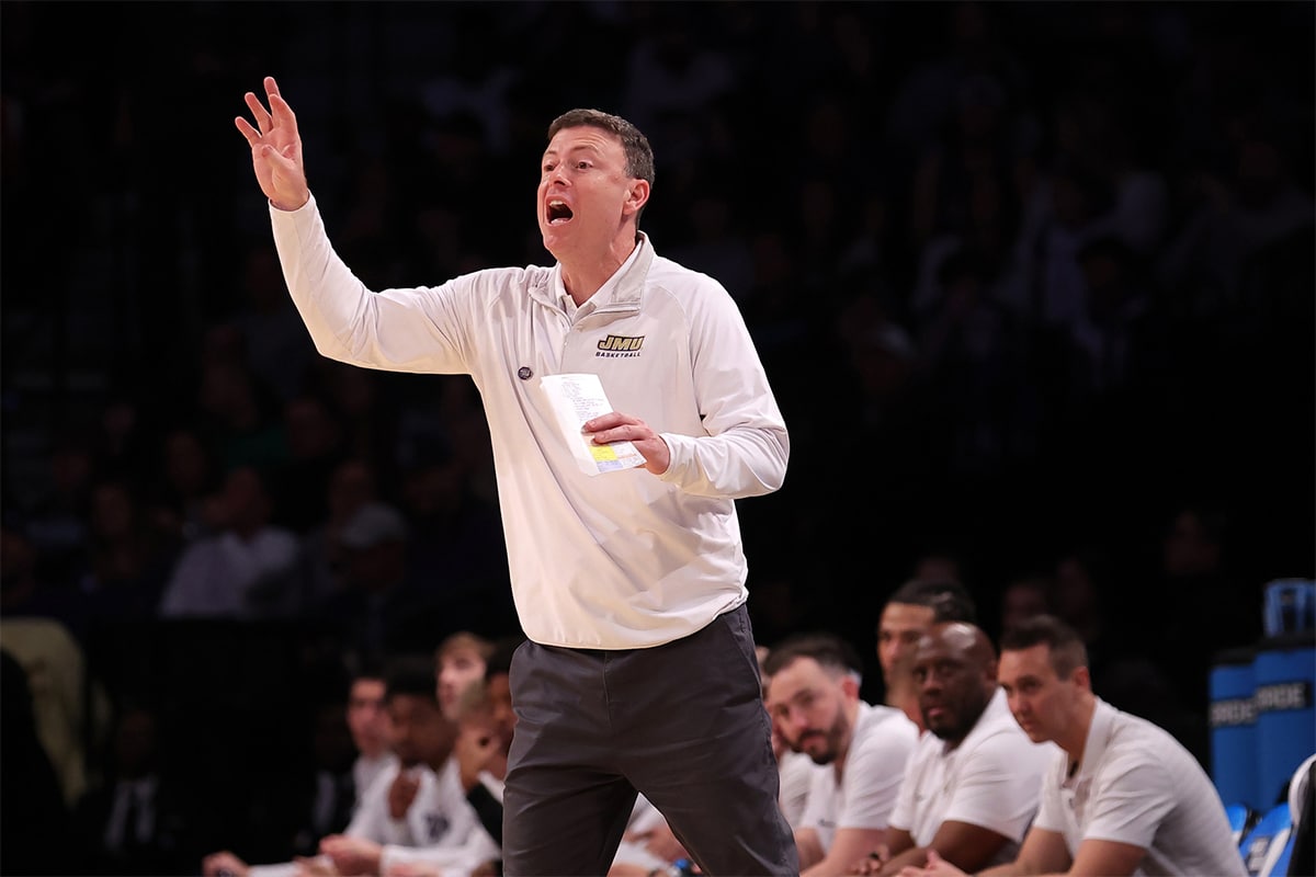 James Madison Dukes head coach Mark Byington reacts against the Duke Blue Devils in the second round of the 2024 NCAA Tournament at Barclays Center.