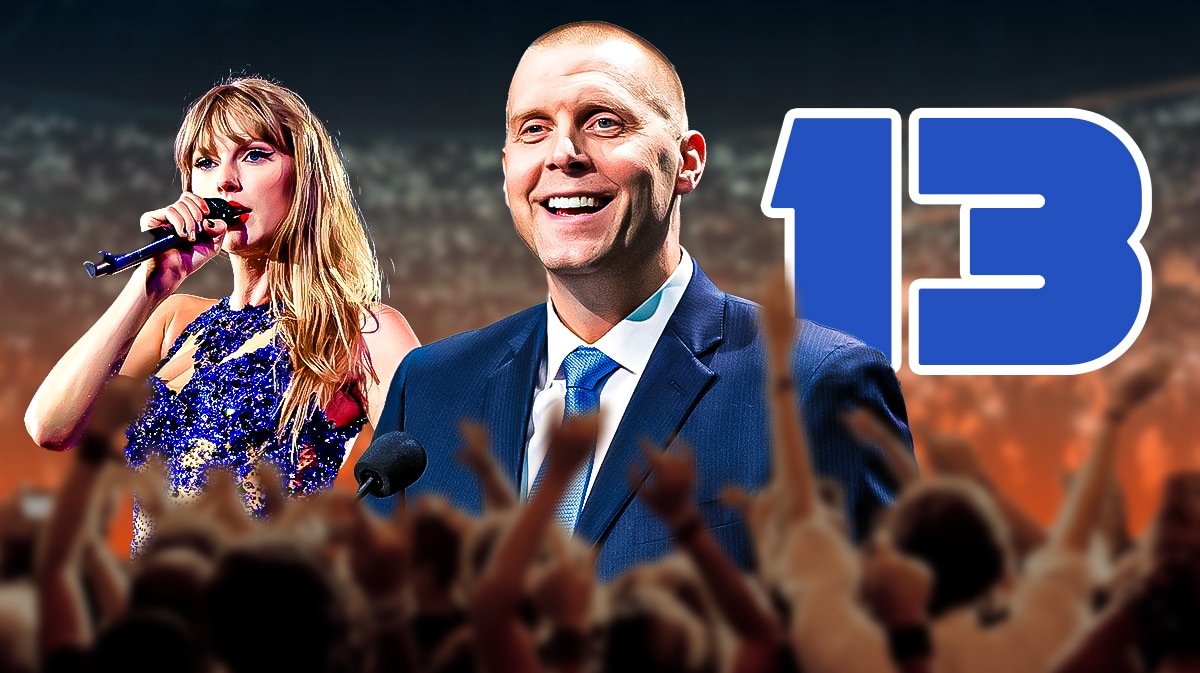Taylor Swift in background singing a song. BYU basketball’s Mark Pope smiling in front. Place the No. 13 in image.