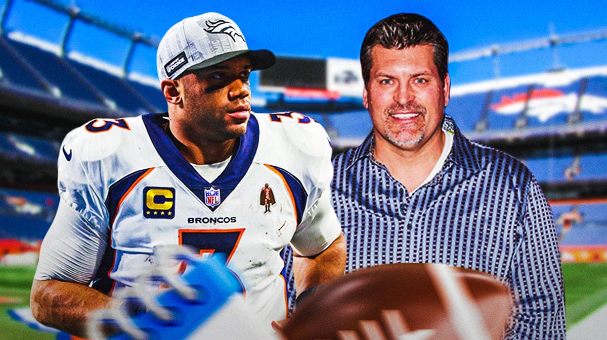 Broncos, Mark Schlereth, Russell Wilson, Mark Schlereth Broncos, Russell Wilson Broncos, Mark Schlereth and Russell Wilson with Broncos stadium in the background