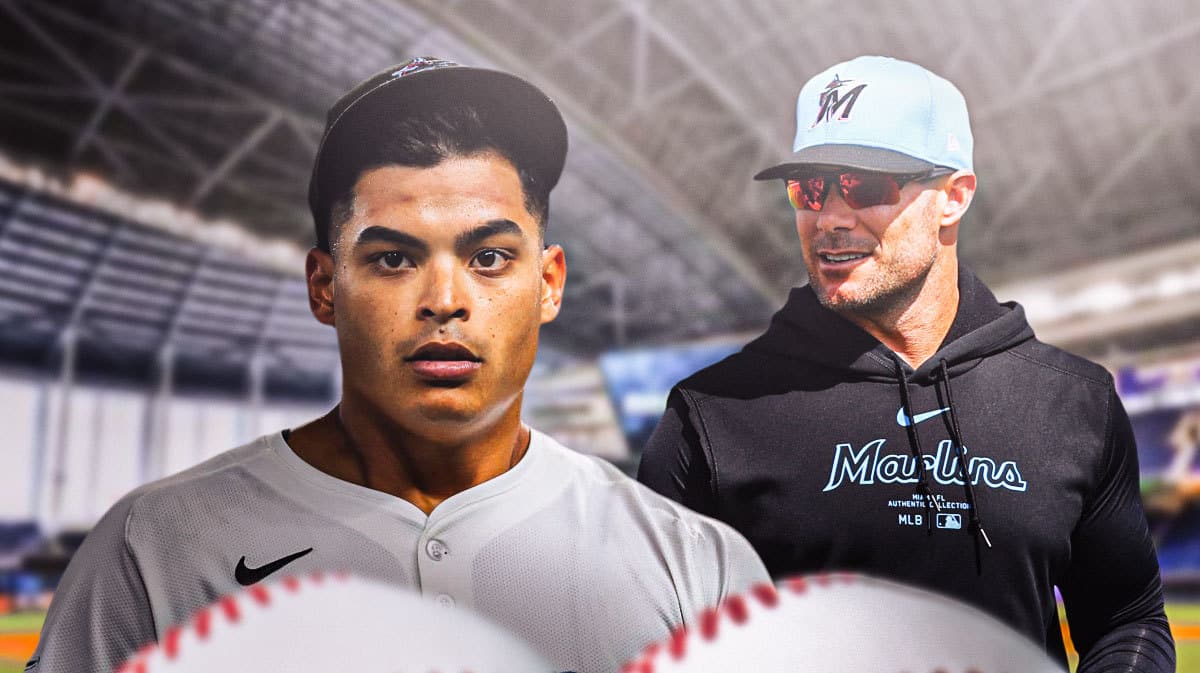 Miami Marlins star Jesus Luzardo and manager Skip Schumaker in front of loanDepot Park.