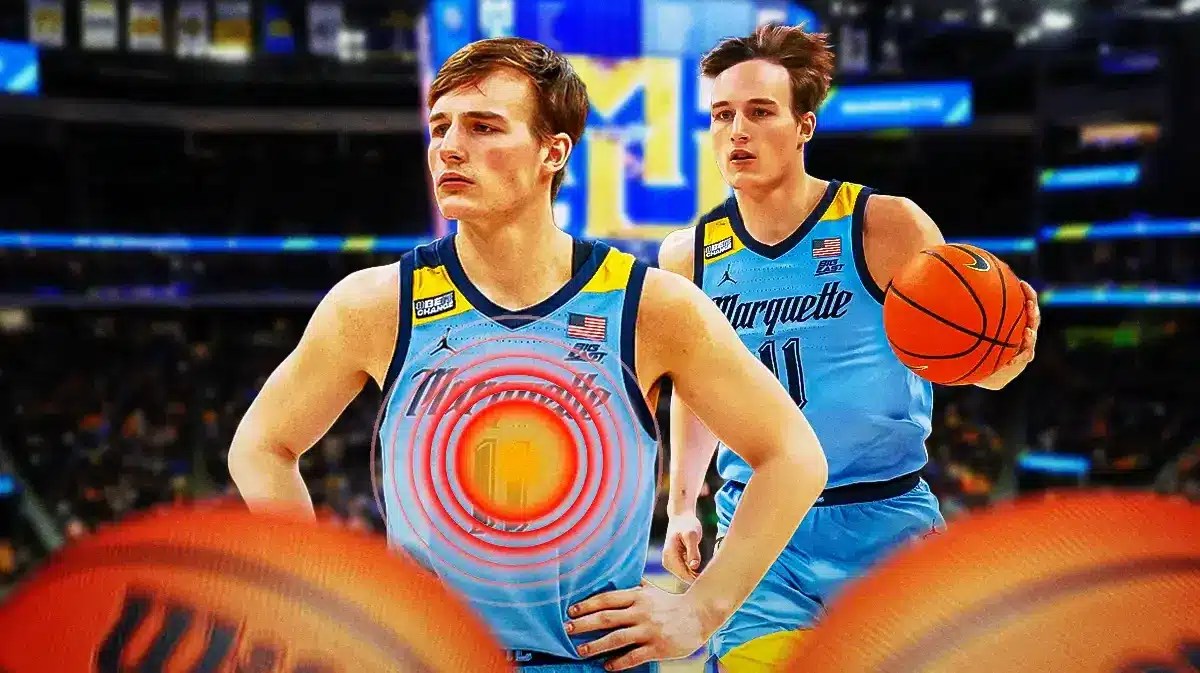 Tyler Kolek (Marquette Basketball) with achng red symbol on his upper body