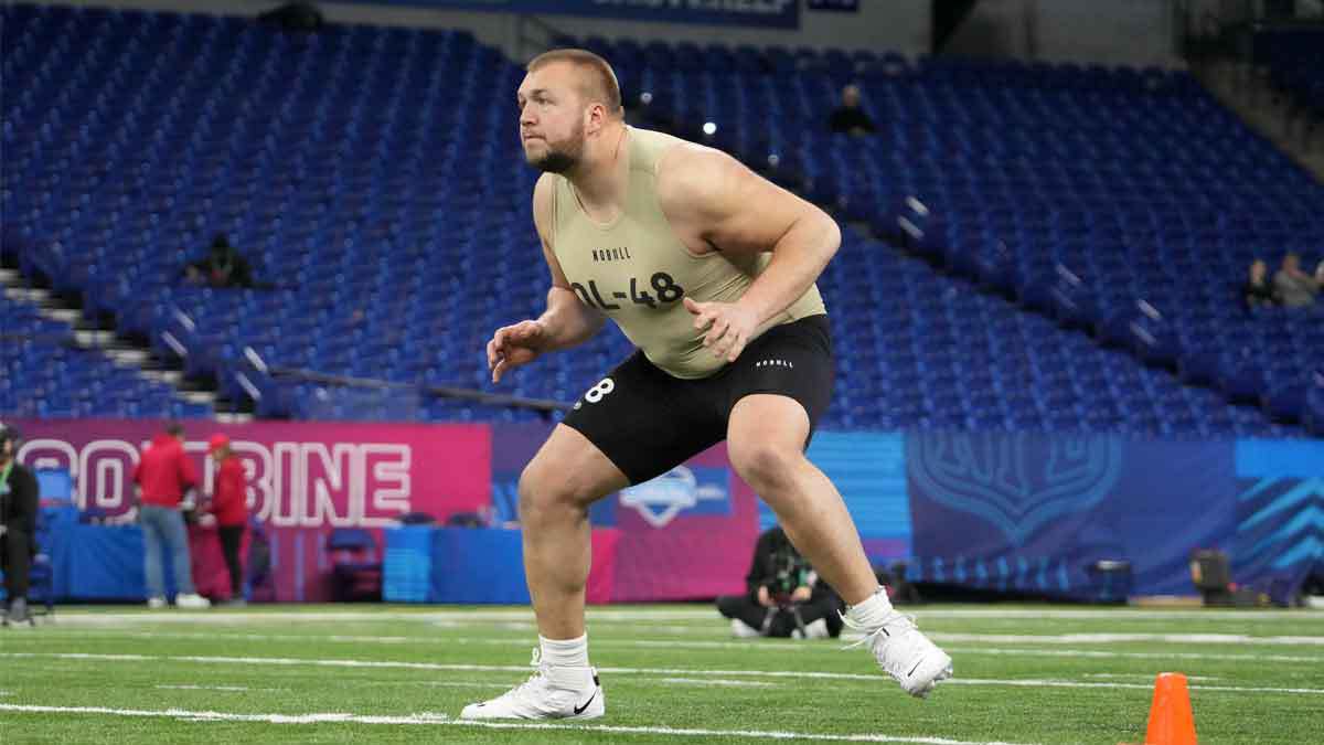 South Dakota State offensive lineman Mason McCormick (OL48) during the 2024 NFL Scouting Combine at Lucas Oil Stadium