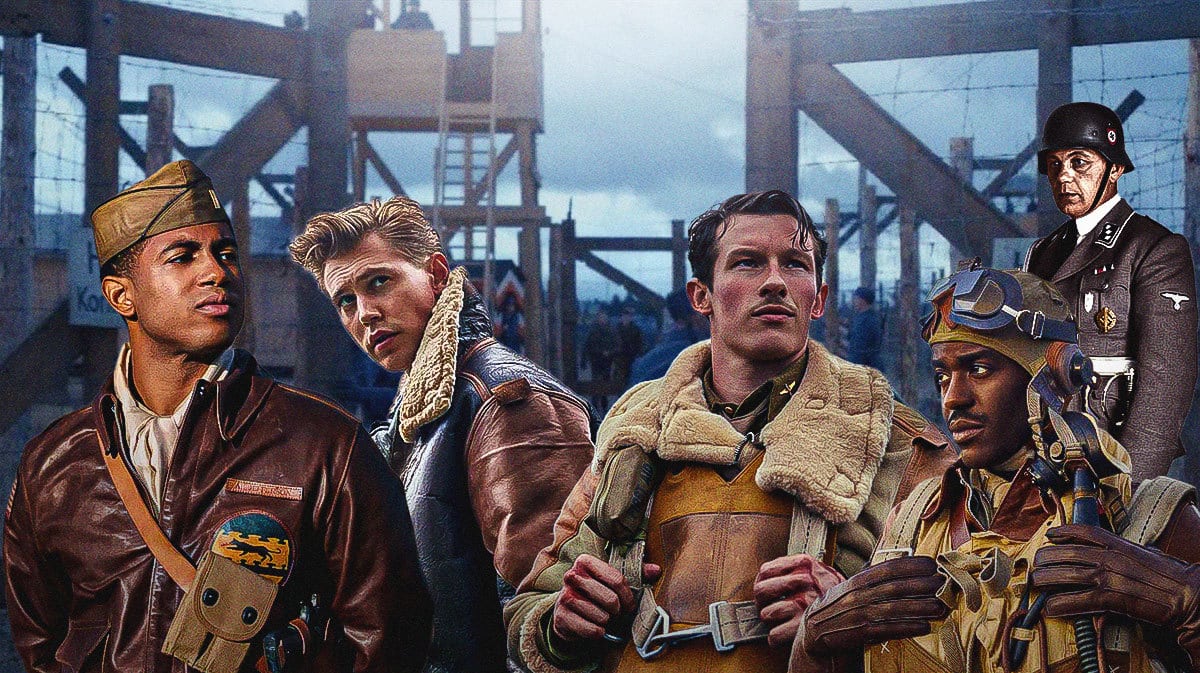 Masters of the Air episode 8 stars Buck Cleven, Branden Cook, Bucky Egan and Ncuti Gatwa at Stalag Luft III with Nazi guards around them