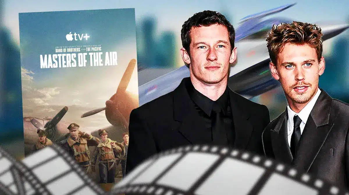 Masters of the Air Apple TV series poster and Callum Turner and Austin Butler.