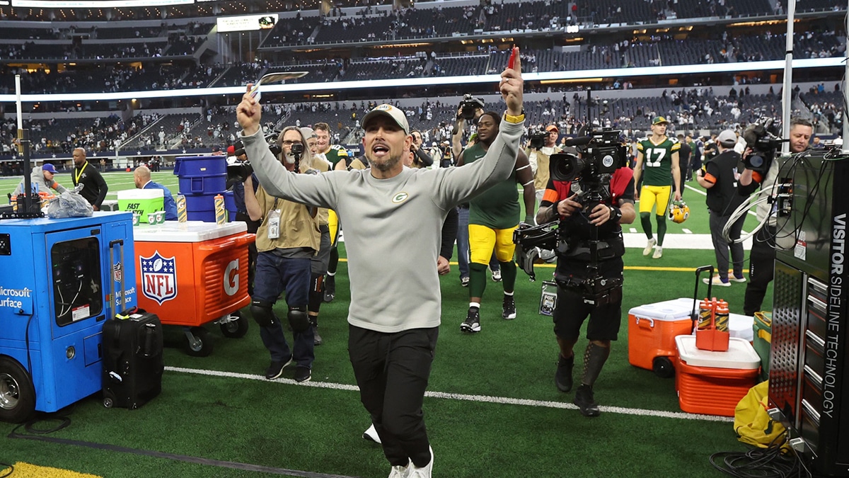 Green Bay head coach Matt LaFleur reacts after the game for the 2024 NFC wild card game at AT&T Stadium.