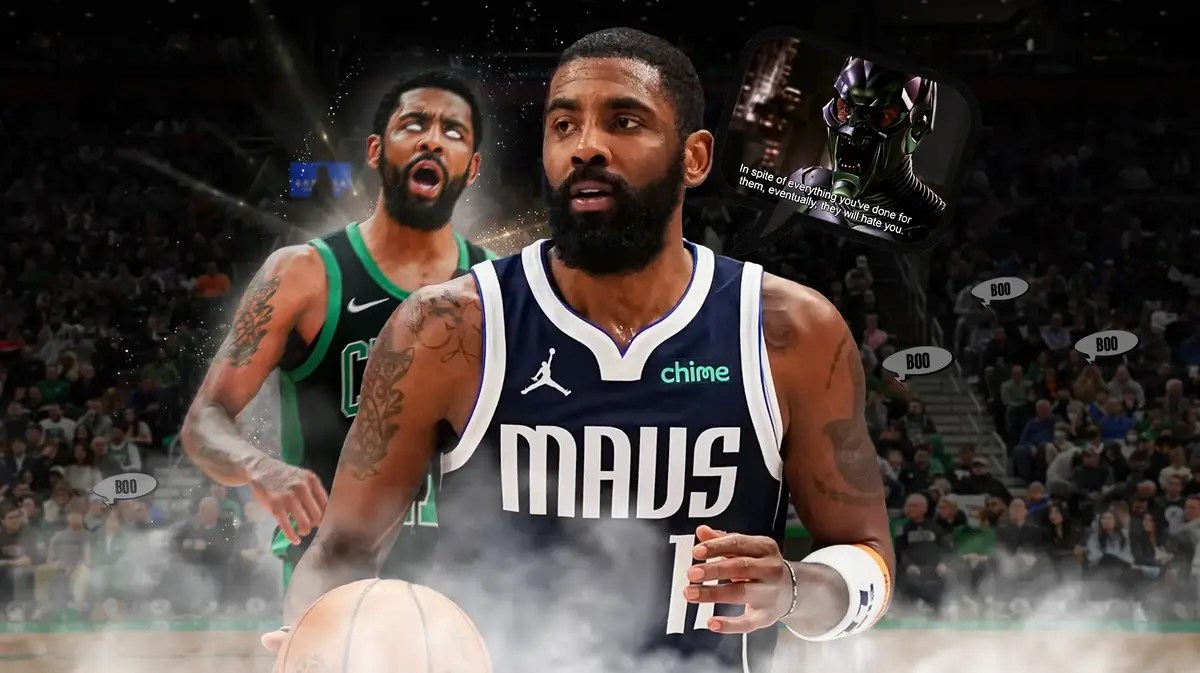 Mavericks' Kyrie Irving doing a zen yoga pose, with a booing Celtics TD Garden crowd in the background