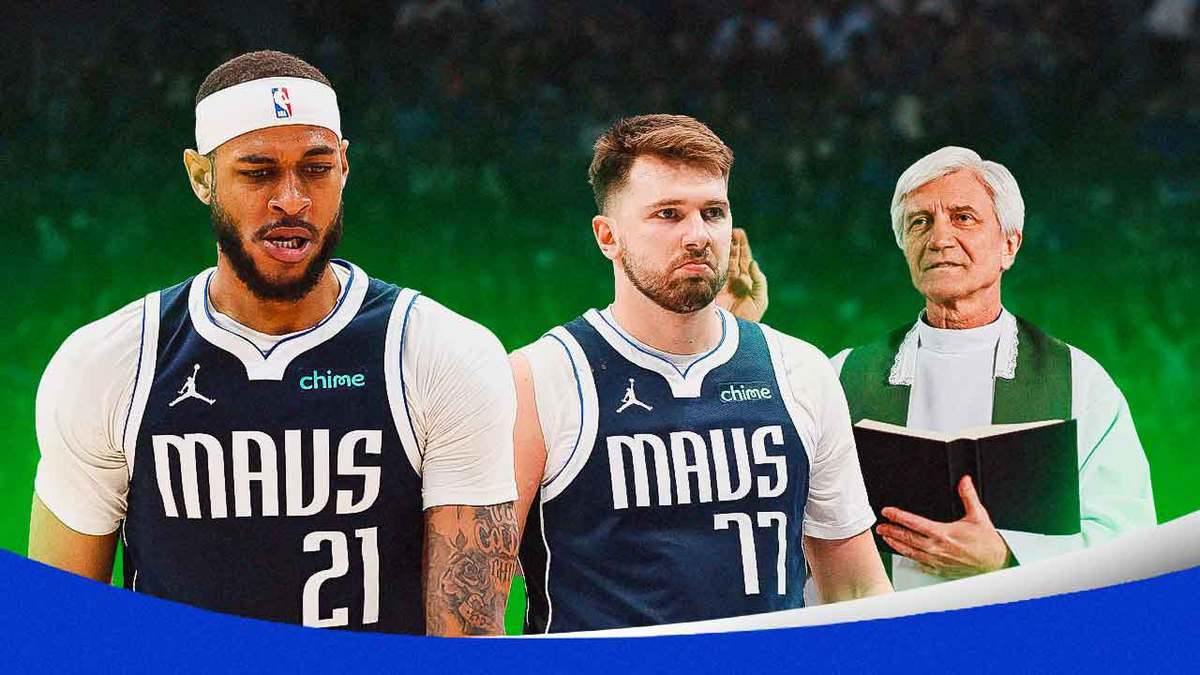 A priest blessing Mavericks' Daniel Gafford and Luka Doncic