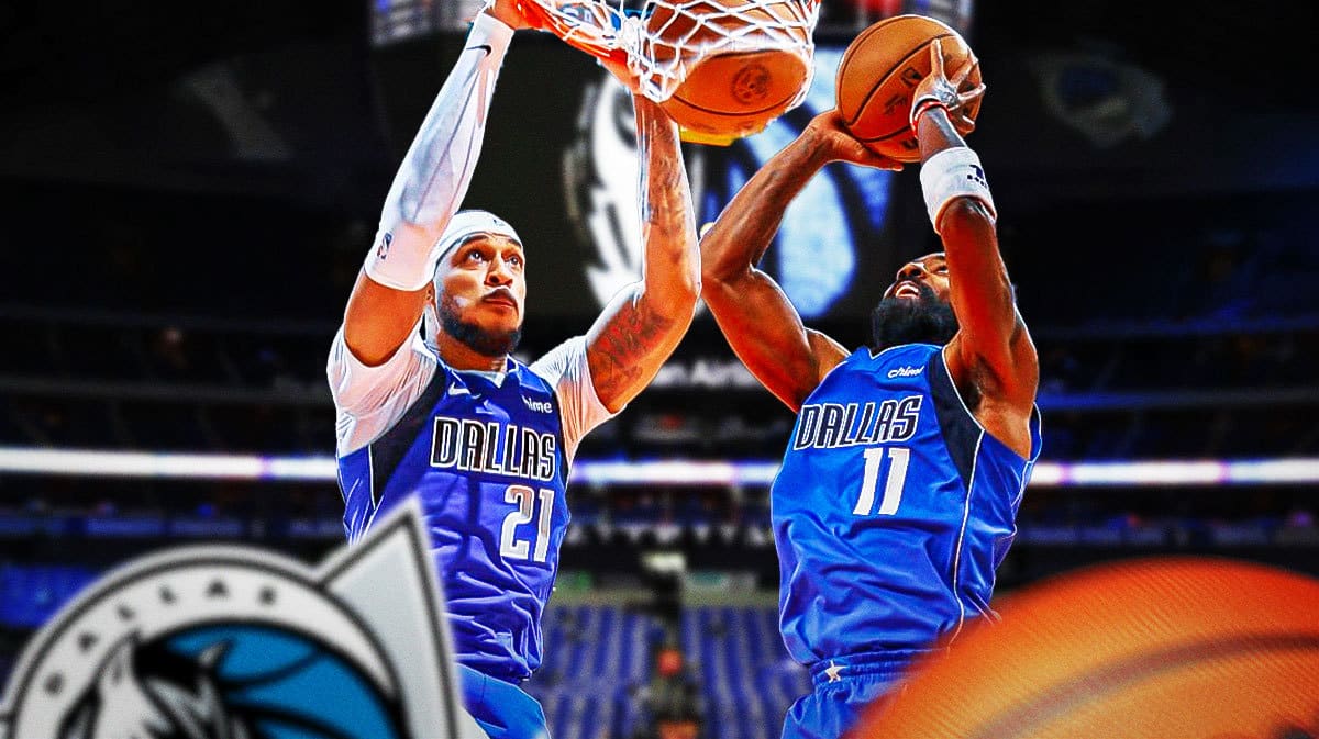 Mavericks' Daniel Gafford dunking a basketball in front. Mavericks' Kyrie Irving dunking a basketball in background.