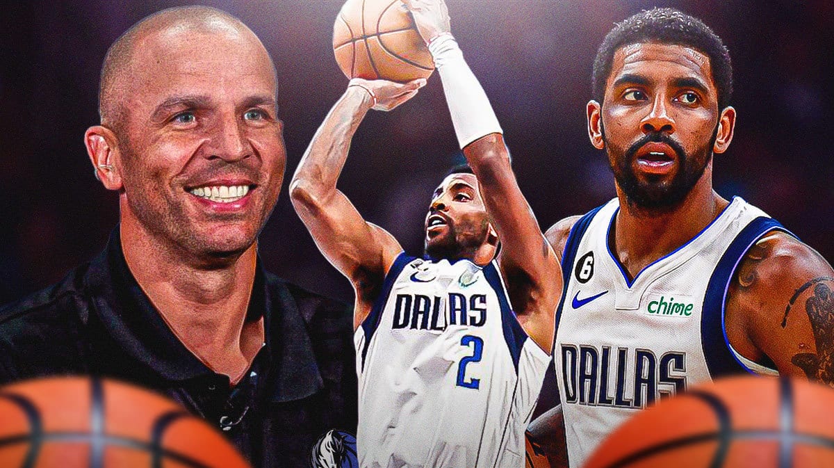 Mavericks' Jason Kidd smiling on left. Mavericks' Kyrie Irving looking serious on right. In middle, need Mavericks' Kyrie Irving shooting a basketball.