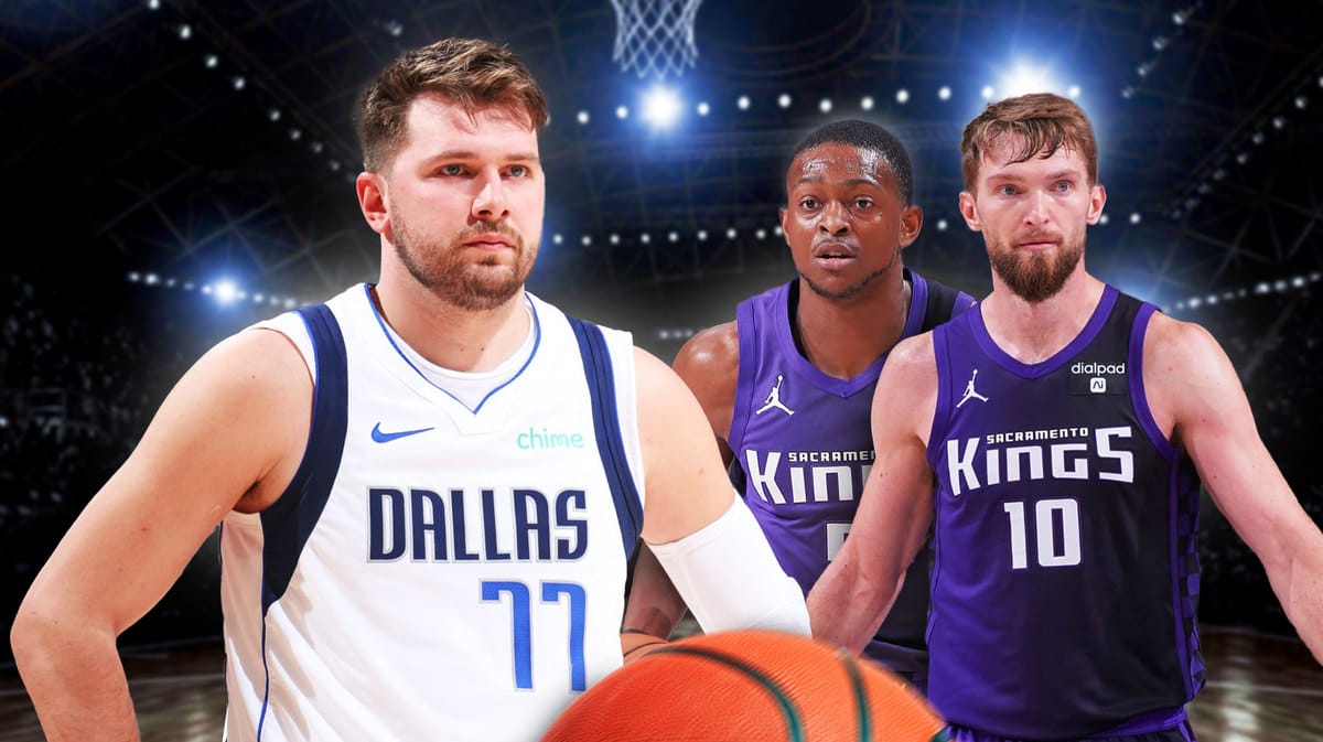 Mavericks' Luka Doncic looking serious on left. Kings' Domantas Sabonis, Kings' De’Aaron Fox looking serious on right.