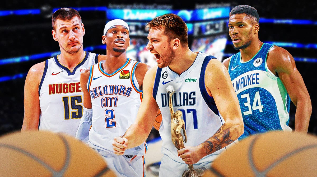 Mavericks' Luka Doncic holding the NBA MVP trophy in front. In background, need Nuggets' Nikola Jokic, Thunder’s Shai Gilgeous-Alexander, and Bucks' Giannis Antetokounmpo all looking at Doncic.