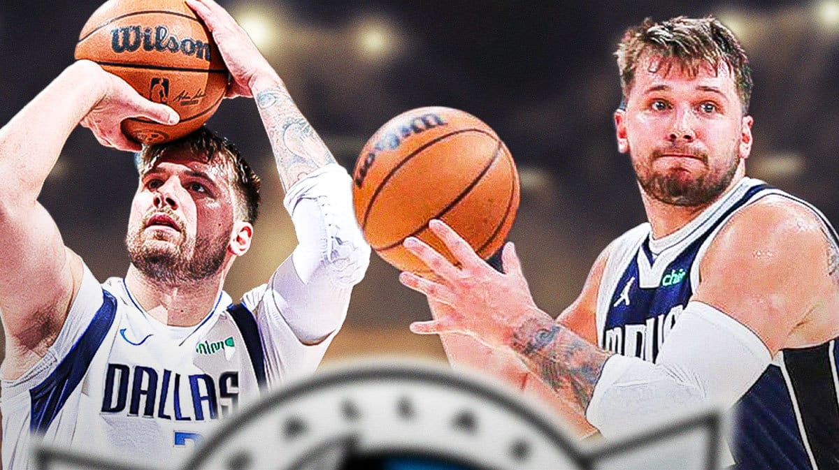 Mavericks' Luka Doncic shooting a basketball on left. Mavericks' Luka Doncic passing a basketball on right.