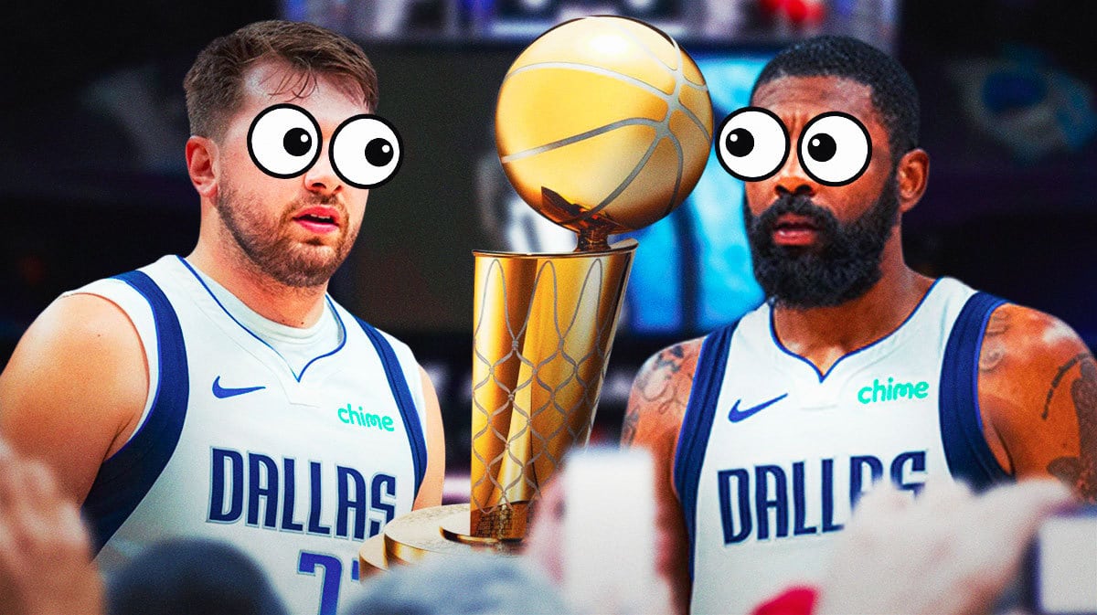 Mavericks' Luka Doncic on left, Mavericks' Kyrie Irving on right with eyes popping out looking at the NBA Finals trophy (trophy in middle).
