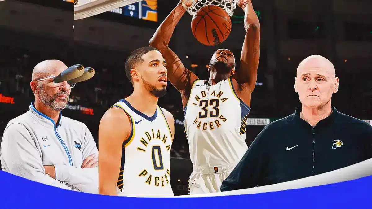 Mavericks' Jason Kidd eyes popping out looking at Pacers' Tyrese Haliburton shooting a basketball, Pacers' Myles Turner dunking a basketball, Pacers' Rick Carlisle looking serious.
