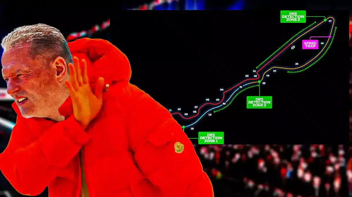 Jos Verstappen (FATHER of Max Verstappen) as the Drake No meme and with the circuit map of Saudi Grand Prix on the opposite side