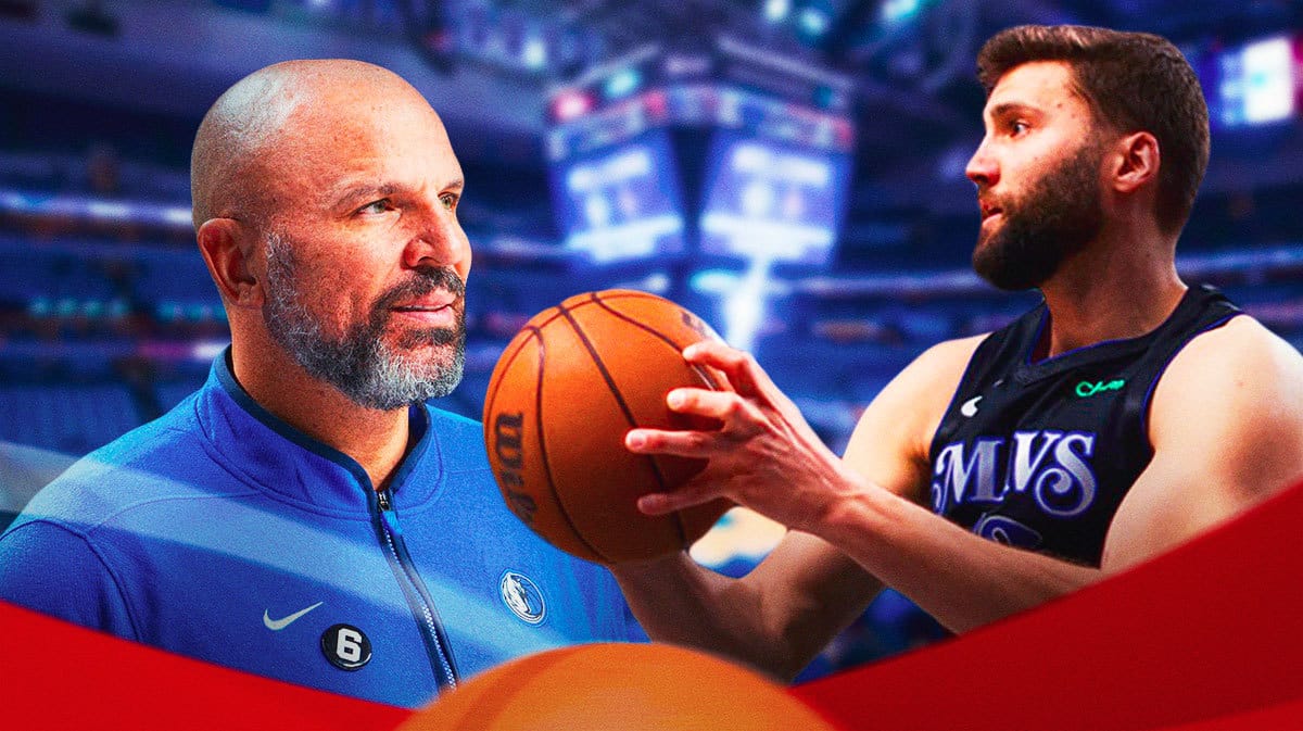 Mavericks' Jason Kidd smiling on left. Mavericks' Maxi Kleber shooting a basketball on right.