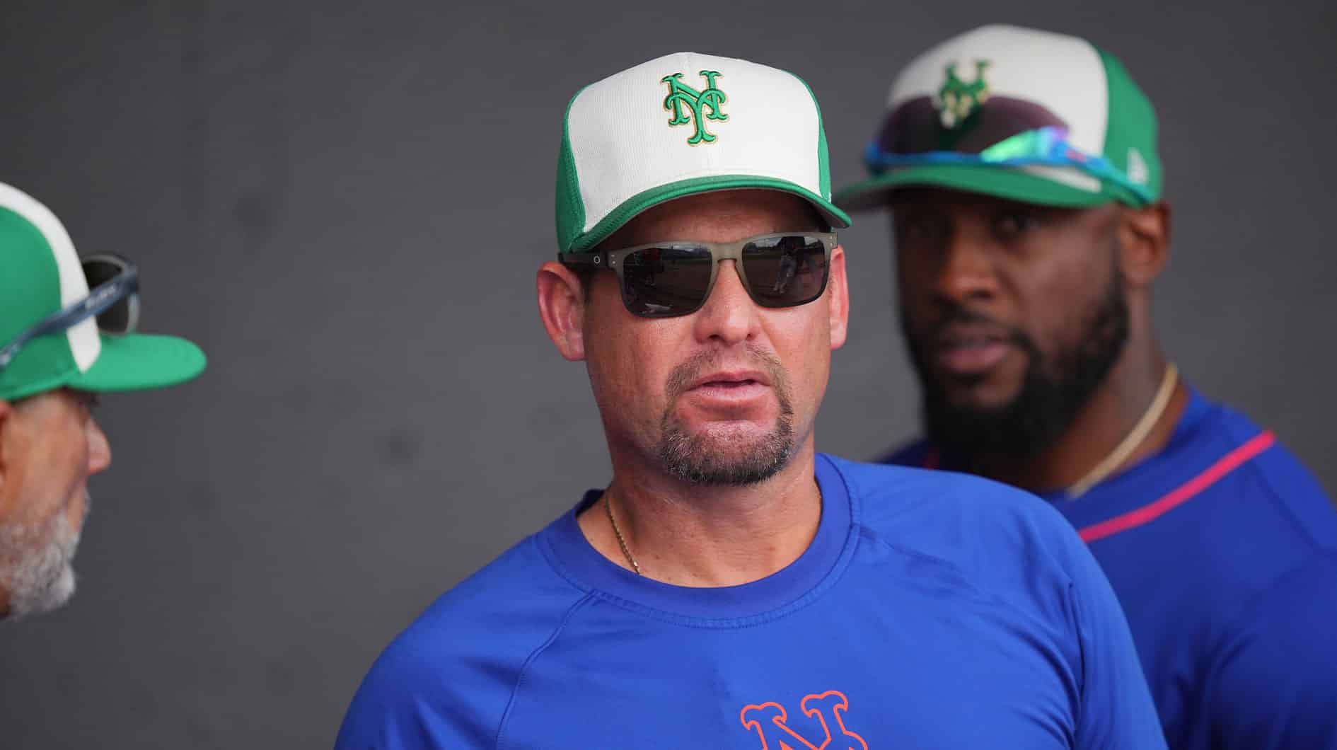 New York Mets manager Carlos Mendoza wears the St. Patrick’s Day ball cap for the game against the Miami Marlins at Clover Park.