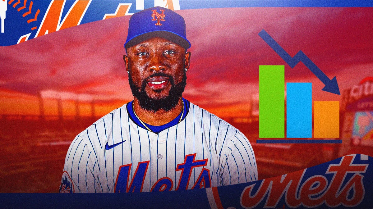 Mets' Starling Marte looking sad, with the stock down logo beside him