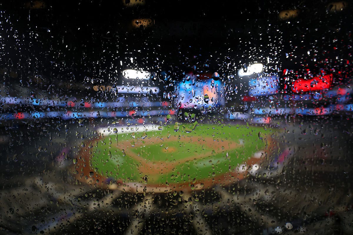 General view of Citi Field during a rain delay during the ninth inning between the New York Mets and the Miami Marlins.
