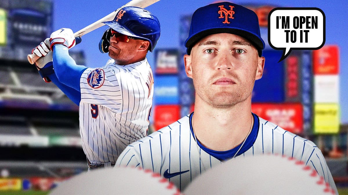 Photo: Brandon Nimmo saying “I’m open to it” swinging a bat in Mets jersey