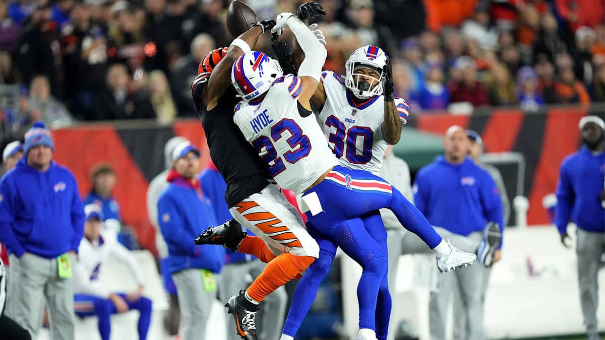Buffalo Bills safety Micah Hyde (23) breaks up a pass intended for Cincinnati Bengals wide receiver Ja'Marr Chase (1) in the second quarter of the NFL Week 9 game between the Cincinnati Bengals and the Buffalo Bills at Paycor Stadium in Cincinnati