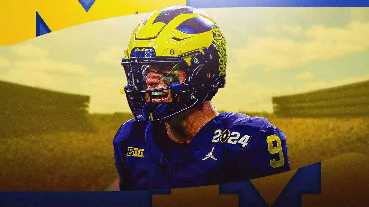 Michigan football, Wolverines, JJ McCarthy, NFL Combine, JJ McCarthy NFL Combine, JJ McCarthy with Michigan football stadium in the background