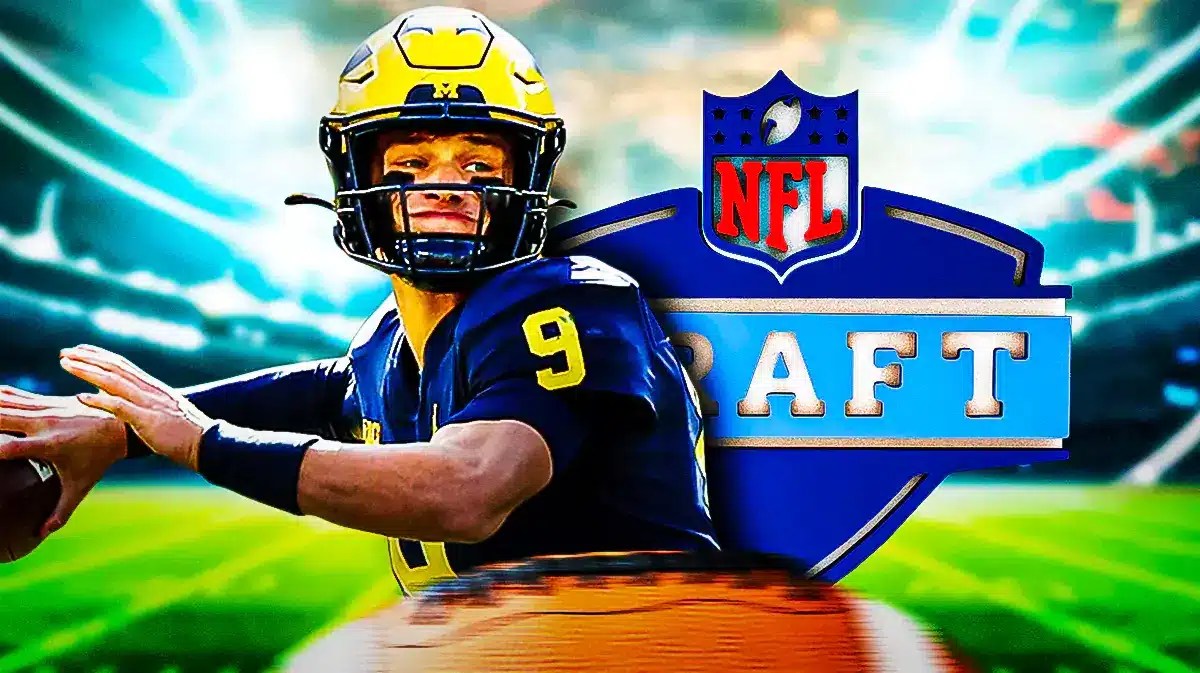 Michigan JJ McCarthy next to an NFL Draft logo