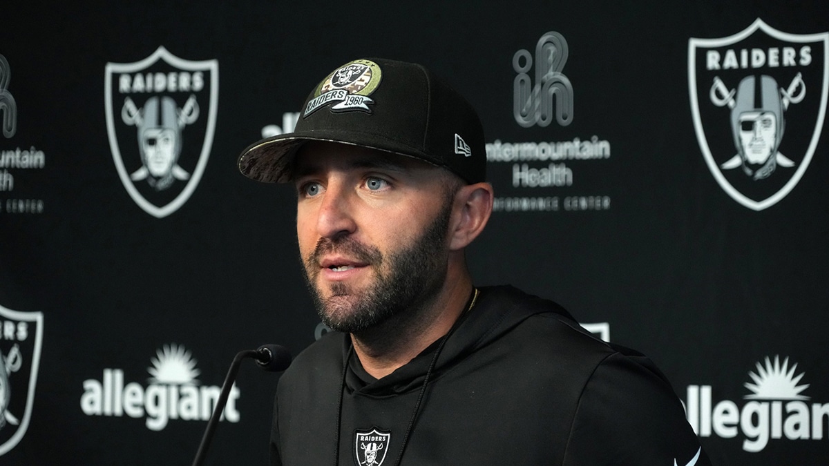 Las Vegas Raiders offensive coordinator Mick Lombardi during training camp press conference at the Intermountain Health Performance Center
