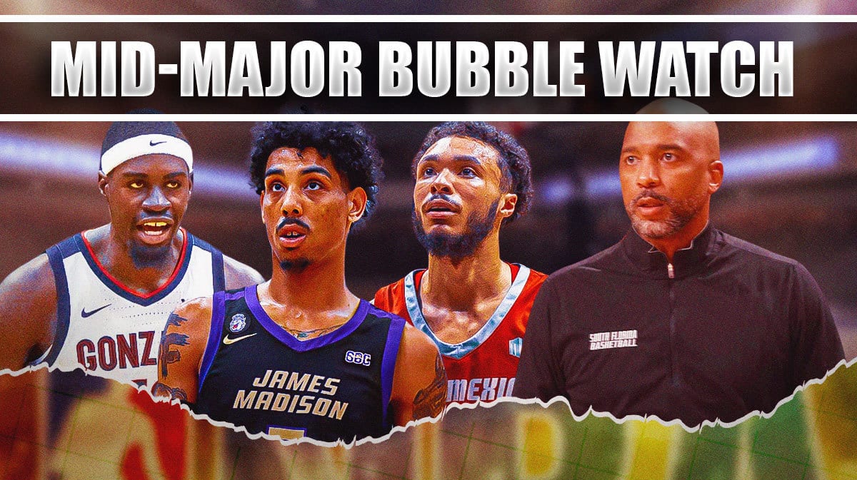 Amir Abdur-Rahim South Florida, Jaelen House New Mexico, Terrence Edwards Jr. James Madison, Graham Ike Gonzaga. Bracket in the background with “Mid-Major Bubble Watch” at the top