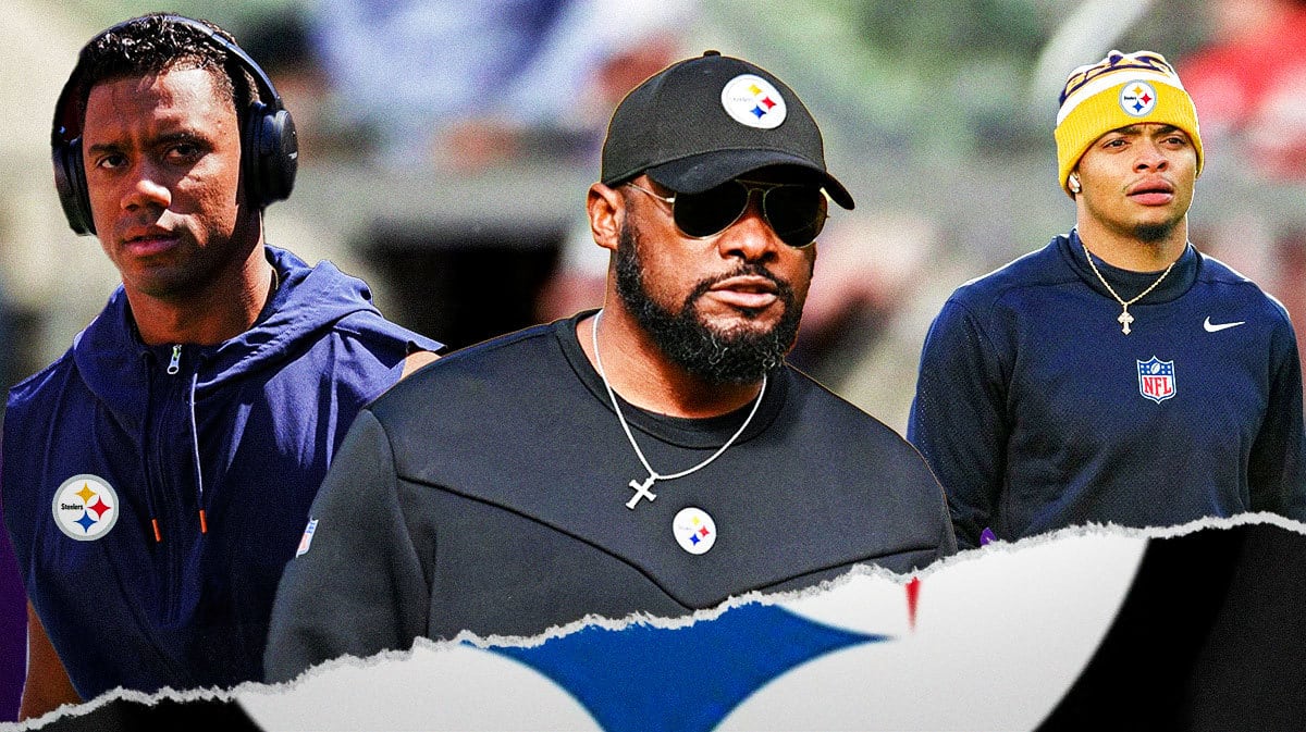 Steelers coach Mike Tomlin looking at Russell Wilson (in a Steelers jersey) with a crown on his head and Justin Fields (also in a Steelers jersey) looking sad.