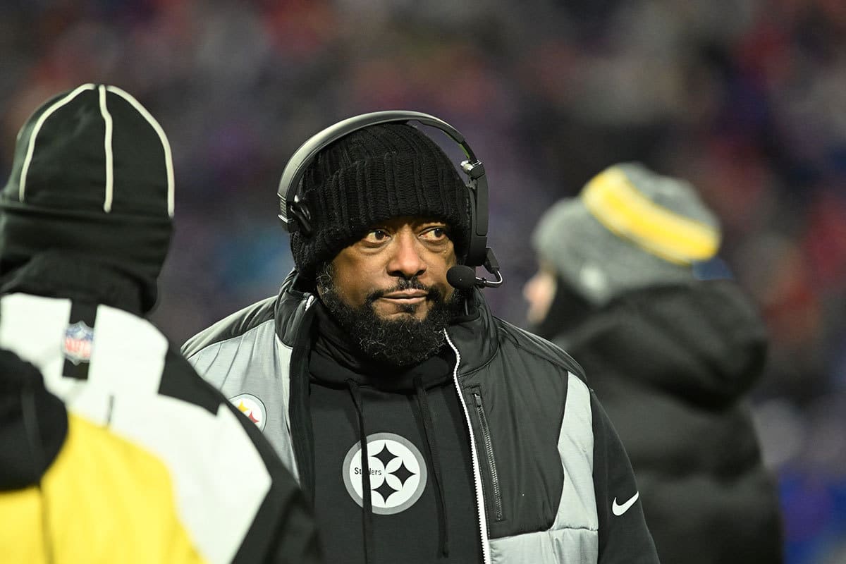 Steelers head coach Mike Tomlin reacts in the in the second half against the Buffalo Bills in a 2024 AFC wild card game at Highmark Stadium