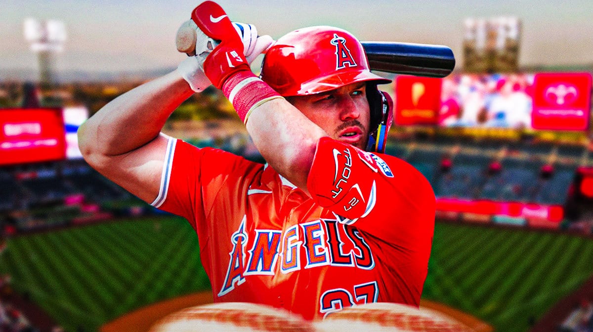 Angels Mike trout swinging a bat.