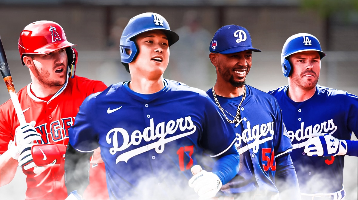 Angels' Mike Trout on left looking at Dodgers' Shohei Ohtani on right. Also place Dodgers' Mookie Betts and Dodgers' Freddie Freeman behind Ohtani all smiling. Have Trout looking serious.